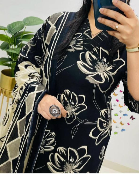 Elegant Black Floral Kurta Set with Printed Dupatta