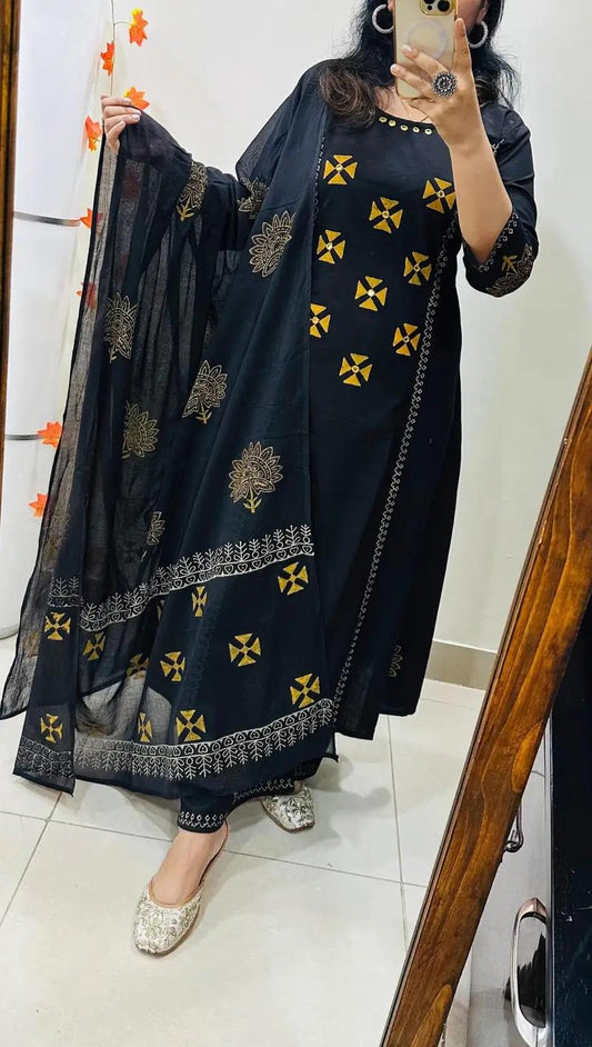 Elegant Black Printed Kurta Set with Dupatta