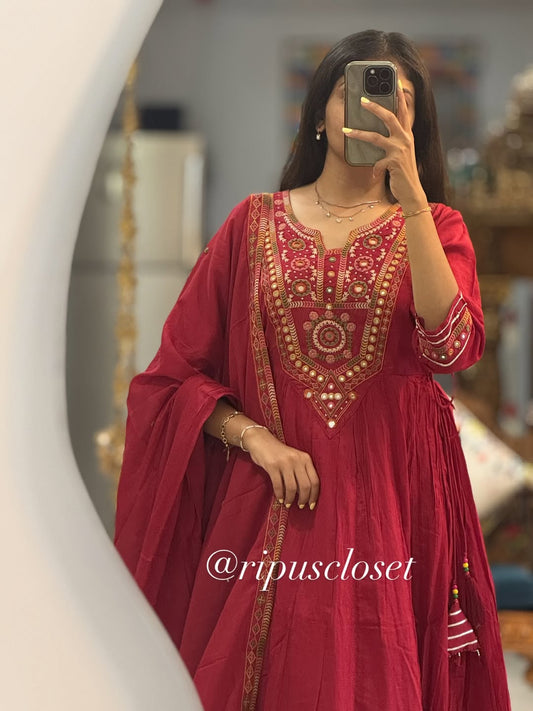 Elegant Crimson Embroidered Anarkali Suit Set with Dupatta