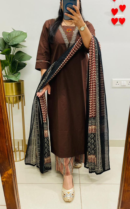 Elegant Brown Kurta Set with Printed Dupatta & Coordinated Pants