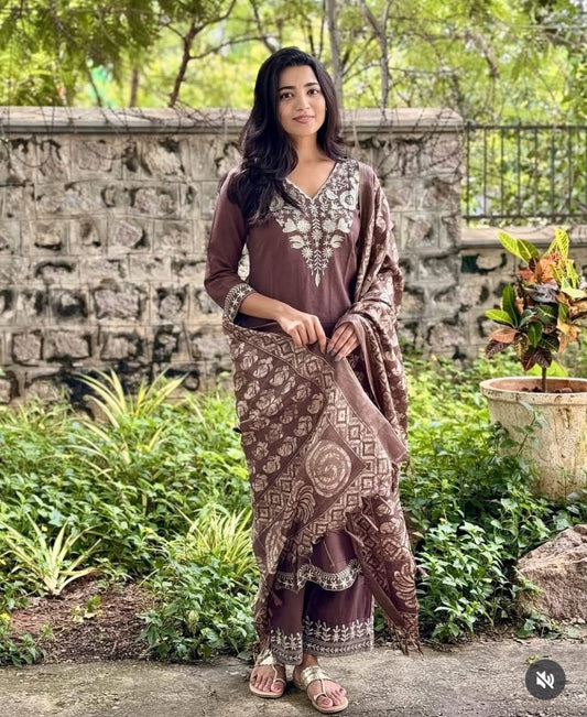 Elegant Brown Printed Kurta Set with Dupatta