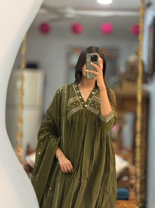 Elegant Olive Green Anarkali Kurta Set with Dupatta