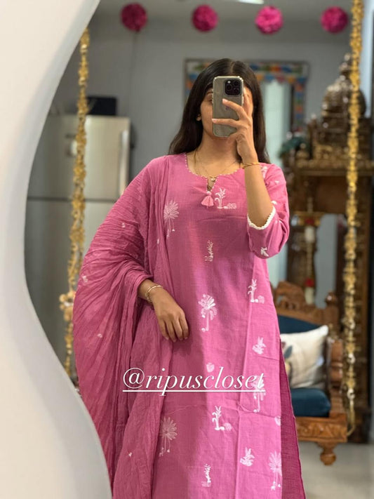 Elegant Pink Handblock Printed Kurta Set with Dupatta