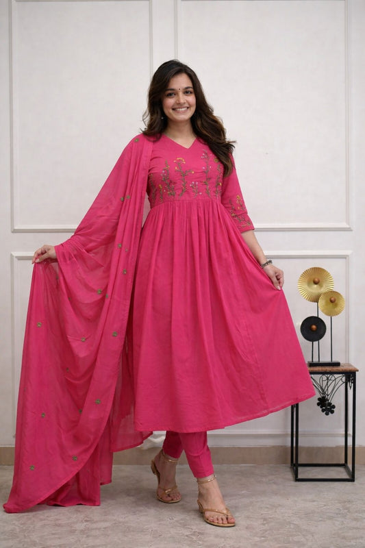 Elegant Pink Embroidered Anarkali Kurta Set with Dupatta