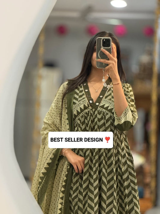 Elegant Green Printed Anarkali Kurta Set with Dupatta