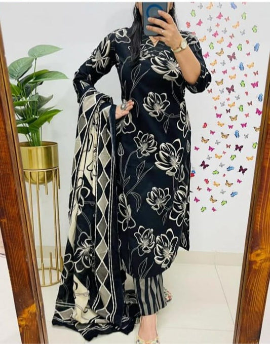 Elegant Black Floral Kurta Set with Printed Dupatta