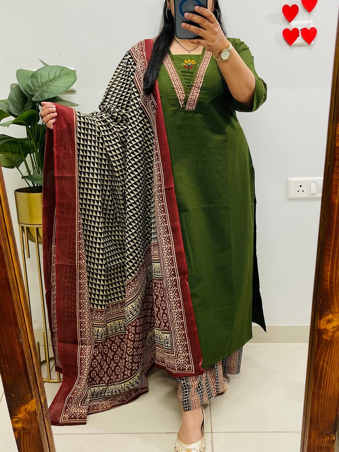 Graceful Olive Green Kurta Set with Printed Dupatta & Ethnic Pants