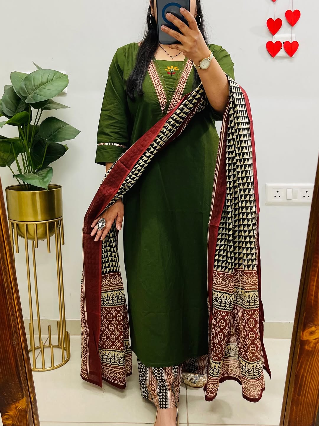 Graceful Olive Green Kurta Set with Printed Dupatta & Ethnic Pants